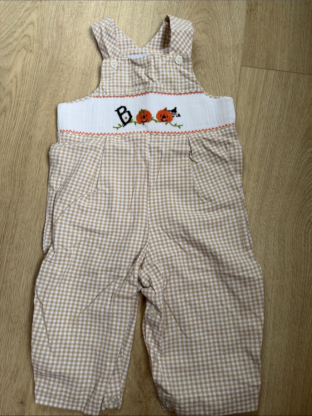 Smocked 'Boo' Gingham Overalls for Kids in Beige Halloween